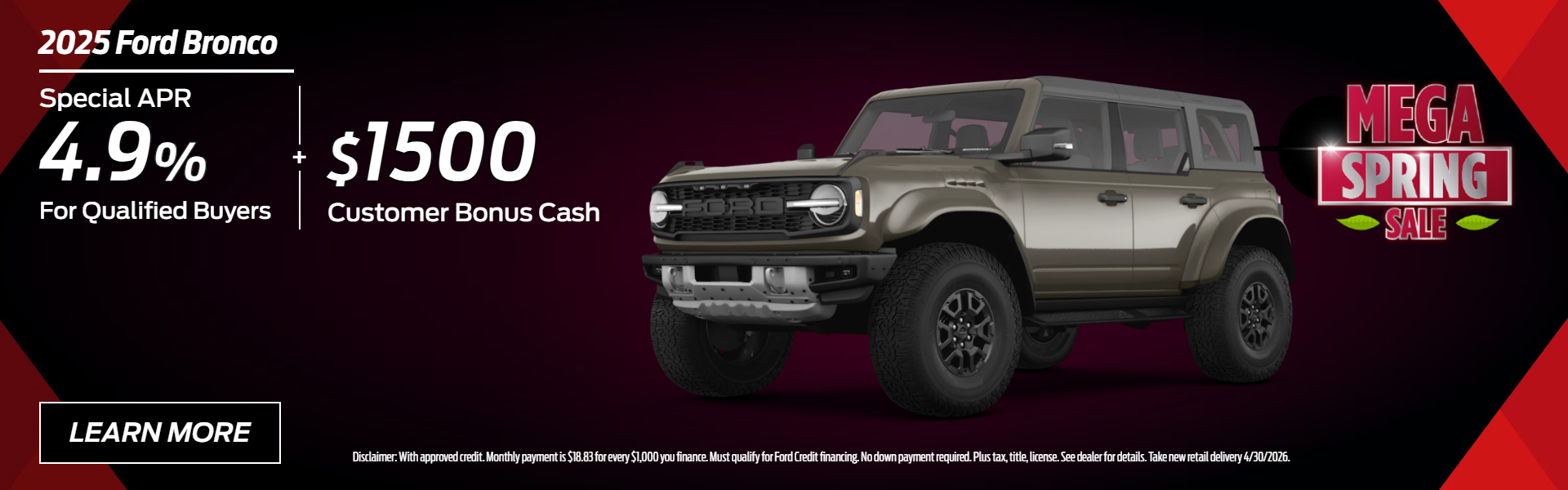 2025 Ford Bronco 4.9% APR for 60 months plus $1,500 Bonus Ca