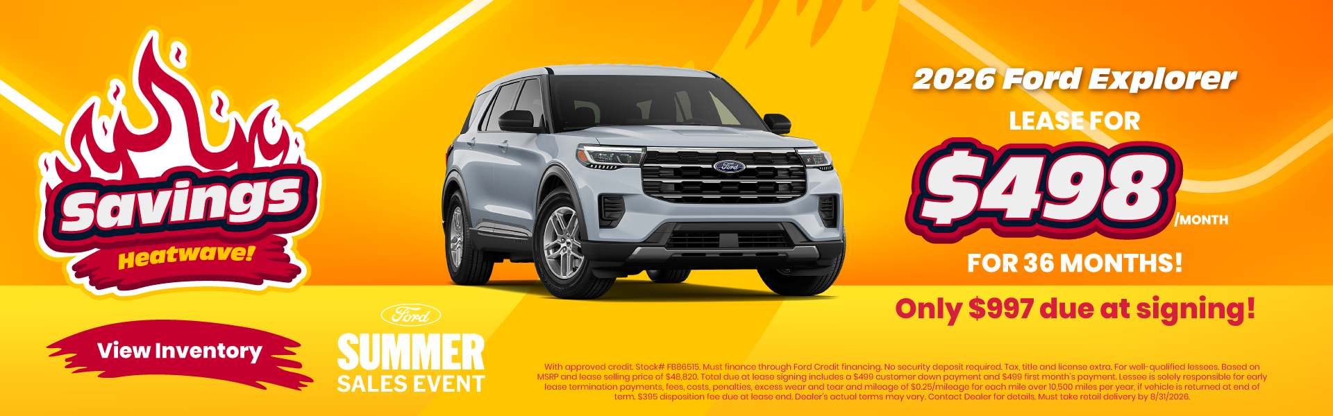 2026 Ford Explorer Lease for $498/month for 36 months! Only 