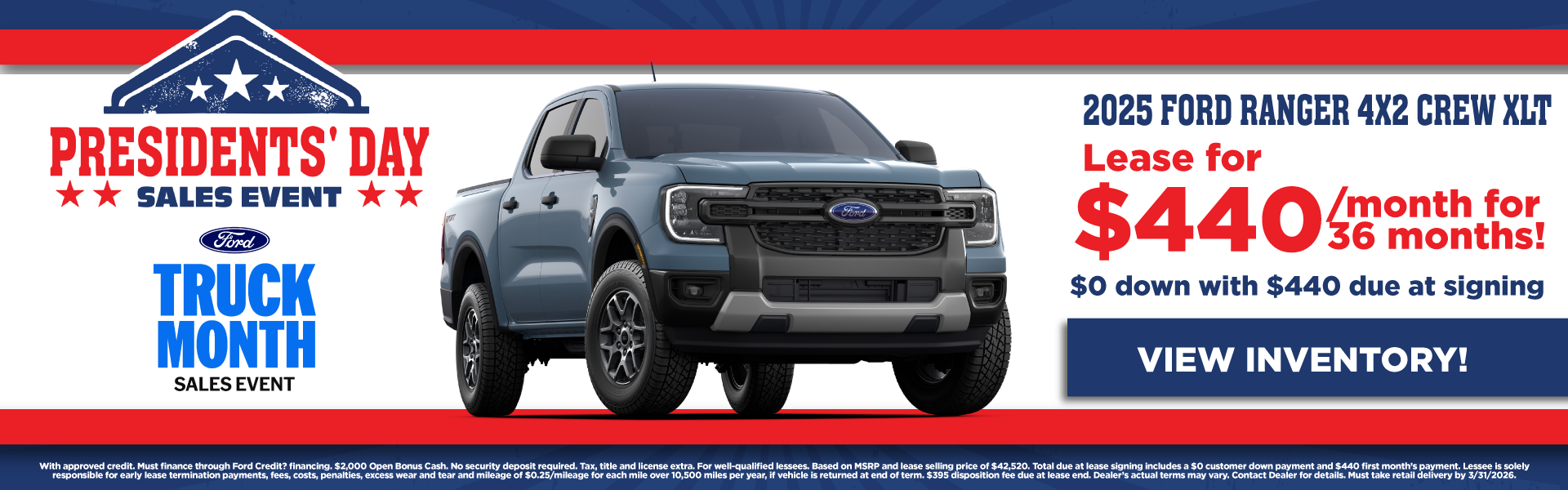 2025 Ford Ranger 4X2 Crew XLT Lease for $440/month for 36 