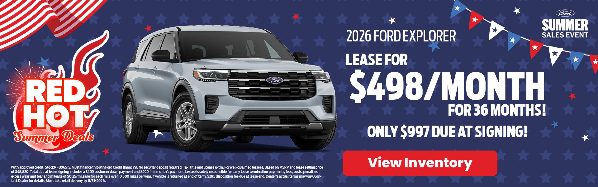 2026 Ford Explorer Lease for $498/month for 36 months!